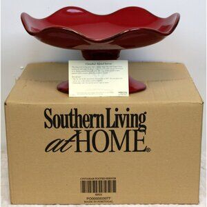 Southern Living Cinnabar Footed Serving Bowl Red Stoneware Pedestal Ruffled Edge